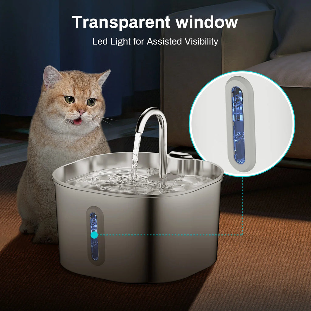 The Lookout — Stainless Steel Cat Fountain with Water-Level Window