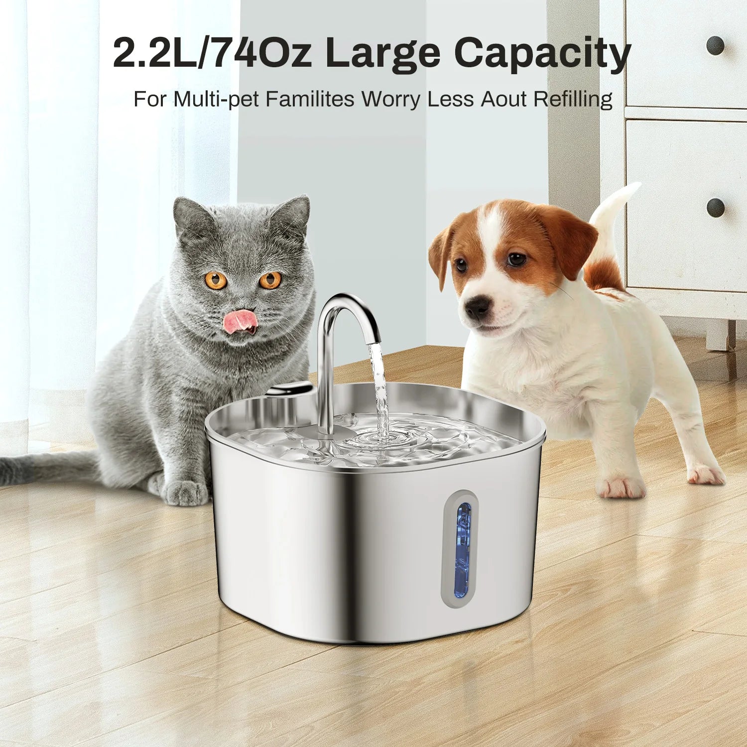 The Lookout — Stainless Steel Cat Fountain with Water-Level Window