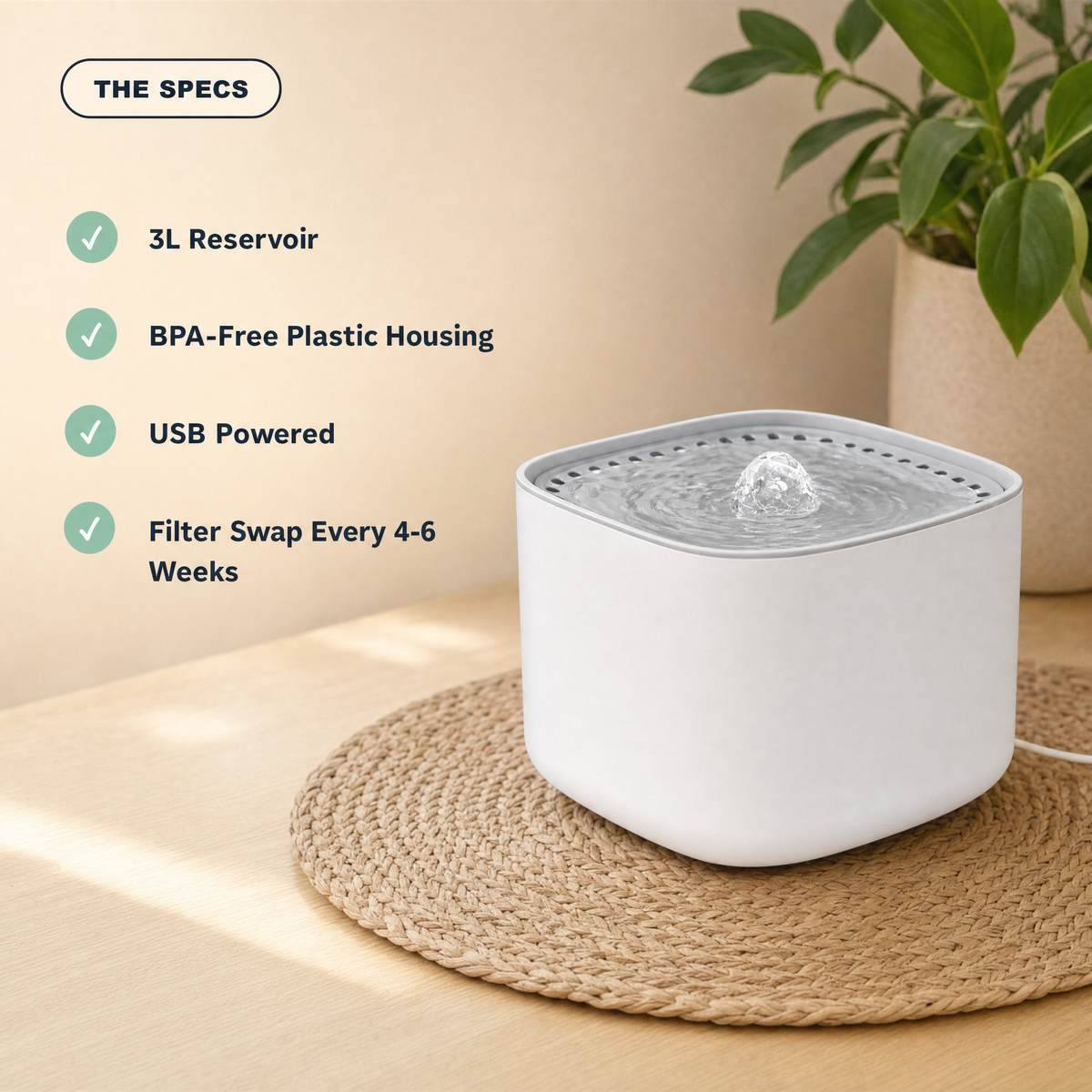 The specs — 3L reservoir, BPA-free housing, USB powered, filter swap every 4-6 weeks