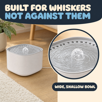 Built for whiskers, not against them — wide, shallow bowl detail