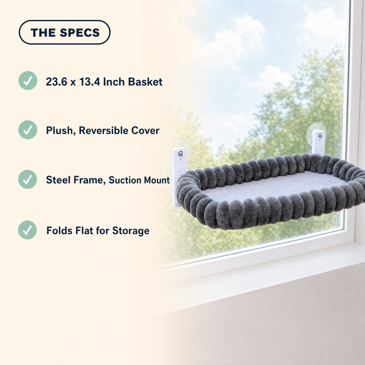 The specs — 23.6 x 13.4 inch basket, plush reversible cover, steel frame, folds flat
