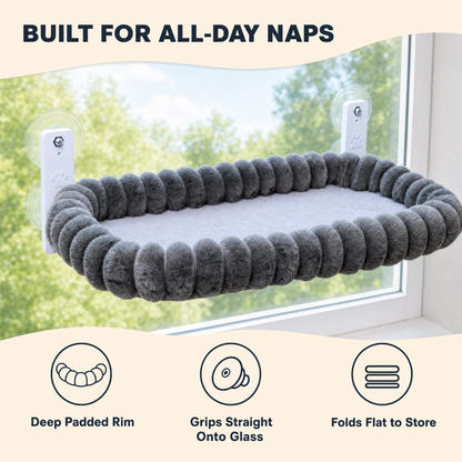 Built for all-day naps — deep padded rim, grips onto glass, folds flat