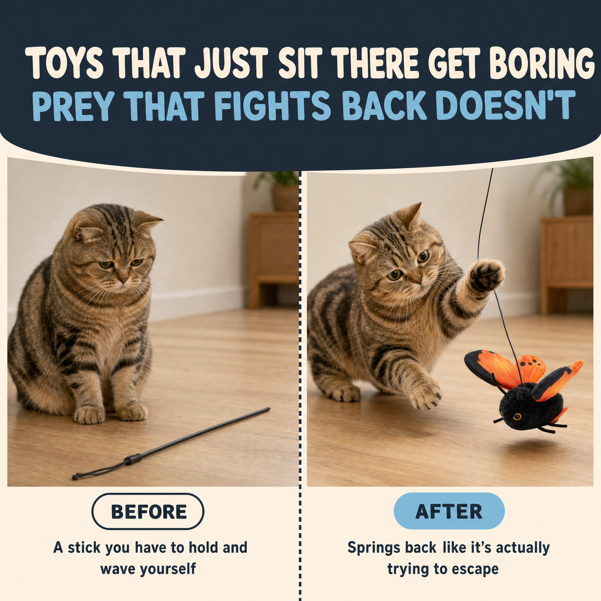 The Dangling Wing before and after comparison with a plain wand toy