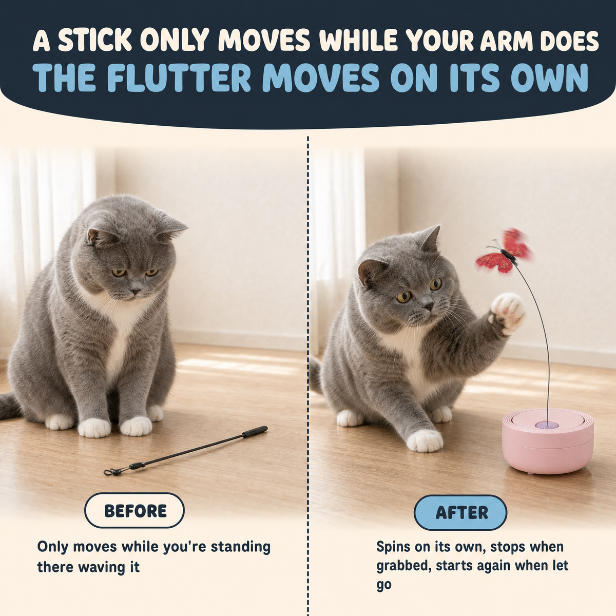 The Flutter hands-free operation compared to a standard wand toy